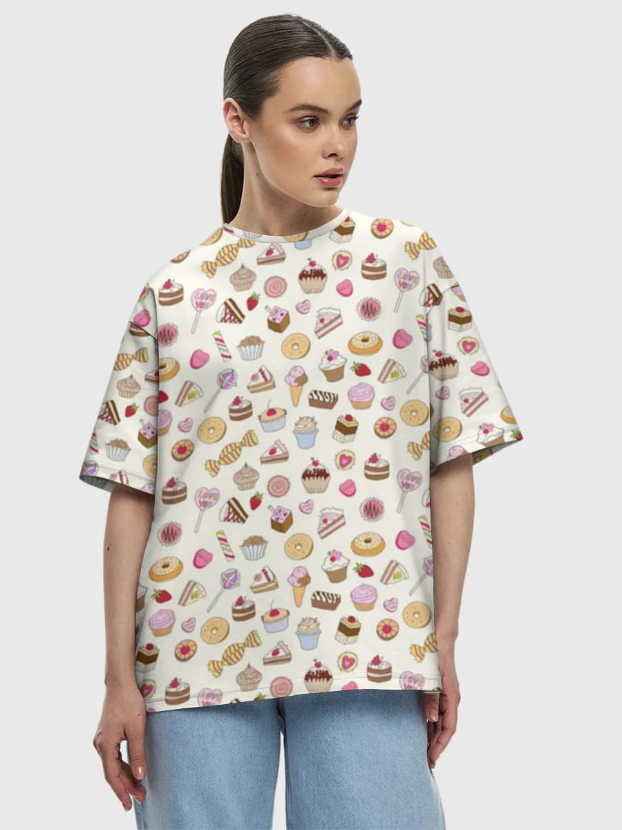 Cute Dessert Doodles — Women's oversized cotton T-shirt with all-over print, Sweet Treats theme