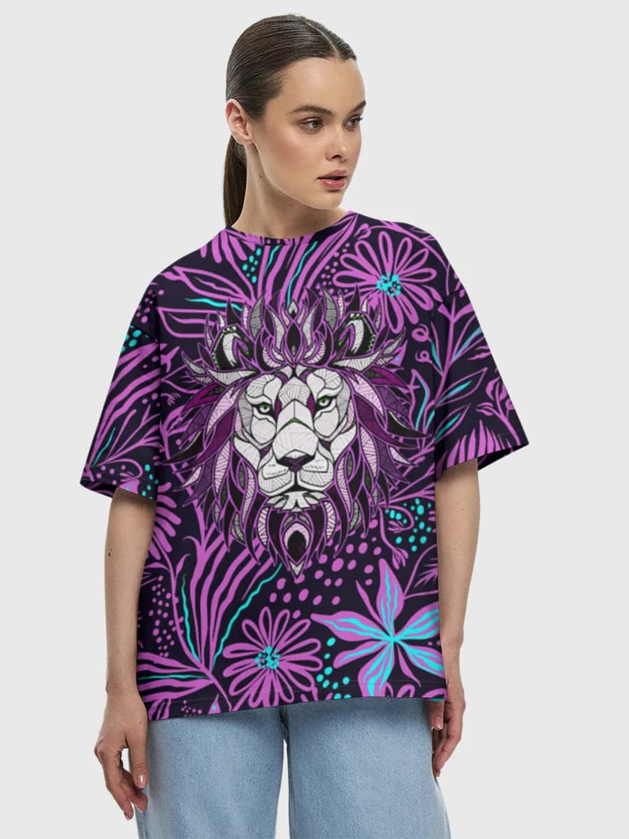 Neon Lion In Bloom — Women's oversized cotton T-shirt with all-over print, Lion theme