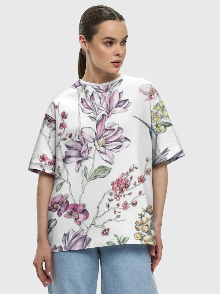 Watercolor Hummingbirds And Blossoms — Women's oversized cotton T-shirt with all-over print, Botanical theme
