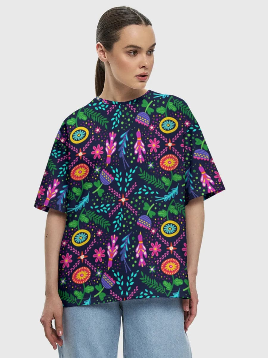 Neon Folk Floral Motifs — Women's oversized cotton T-shirt with all-over print, Floral theme