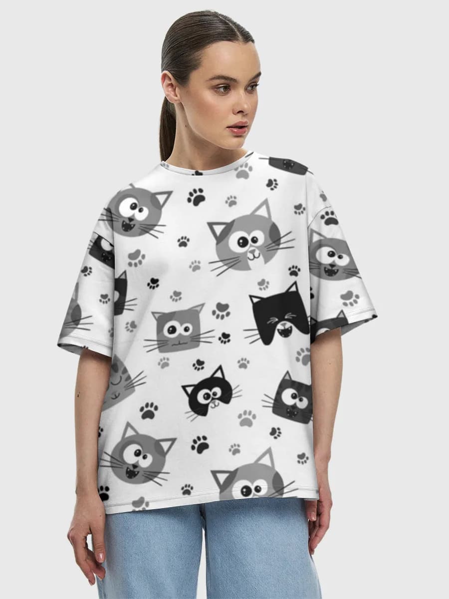 Cute Cartoon Cats — Women's oversized cotton T-shirt with all-over print, Cats theme