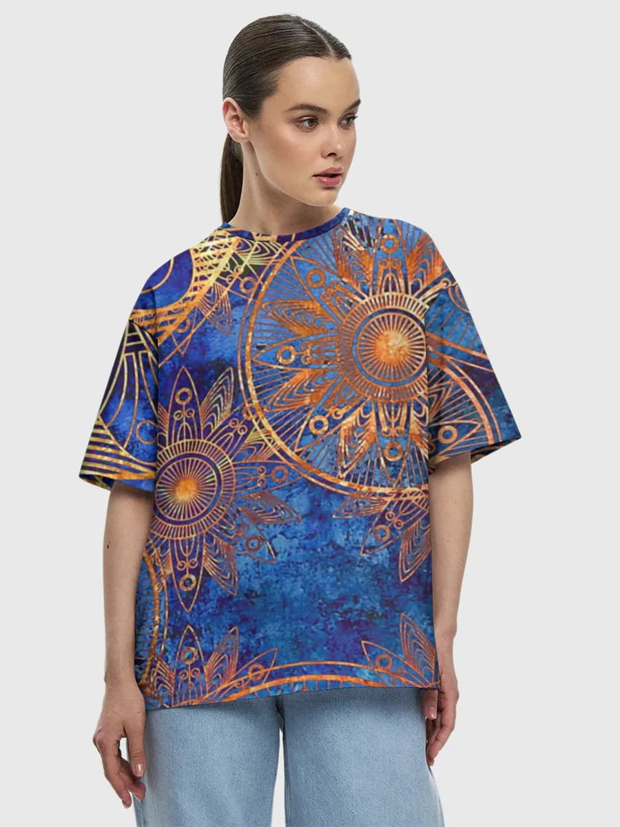 Blue Gold Mandalas — Women's oversized cotton T-shirt with all-over print, Mandala theme