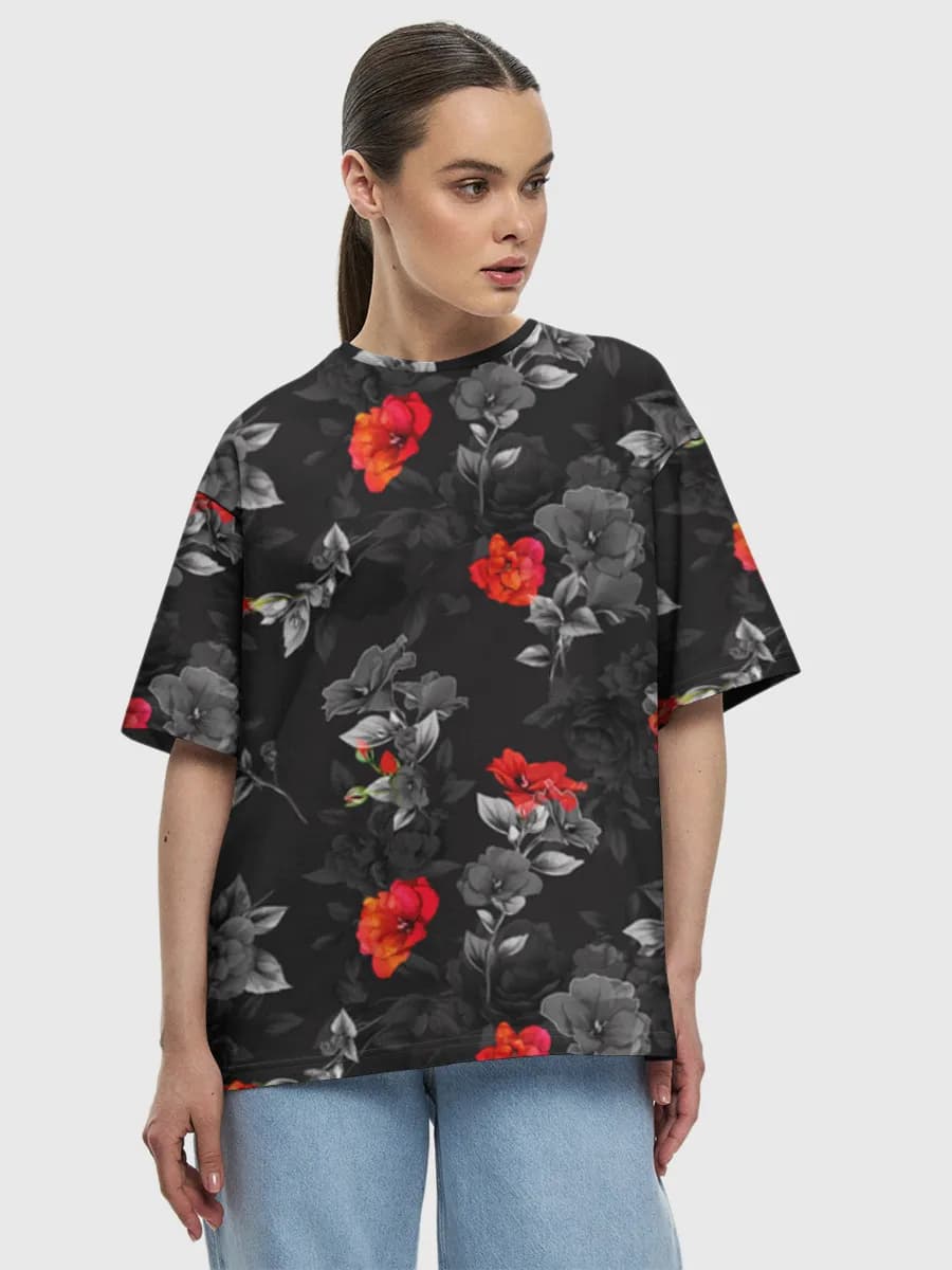 Dark Roses On Black — Women's oversized cotton T-shirt with all-over print, Floral theme
