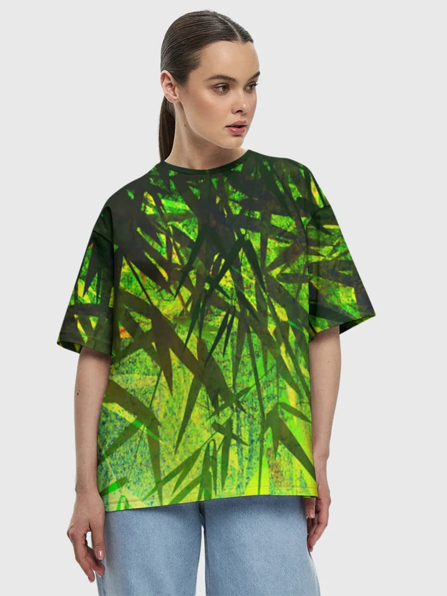 Green Bamboo Leaf Silhouette — Women's oversized cotton T-shirt with all-over print, Nature theme