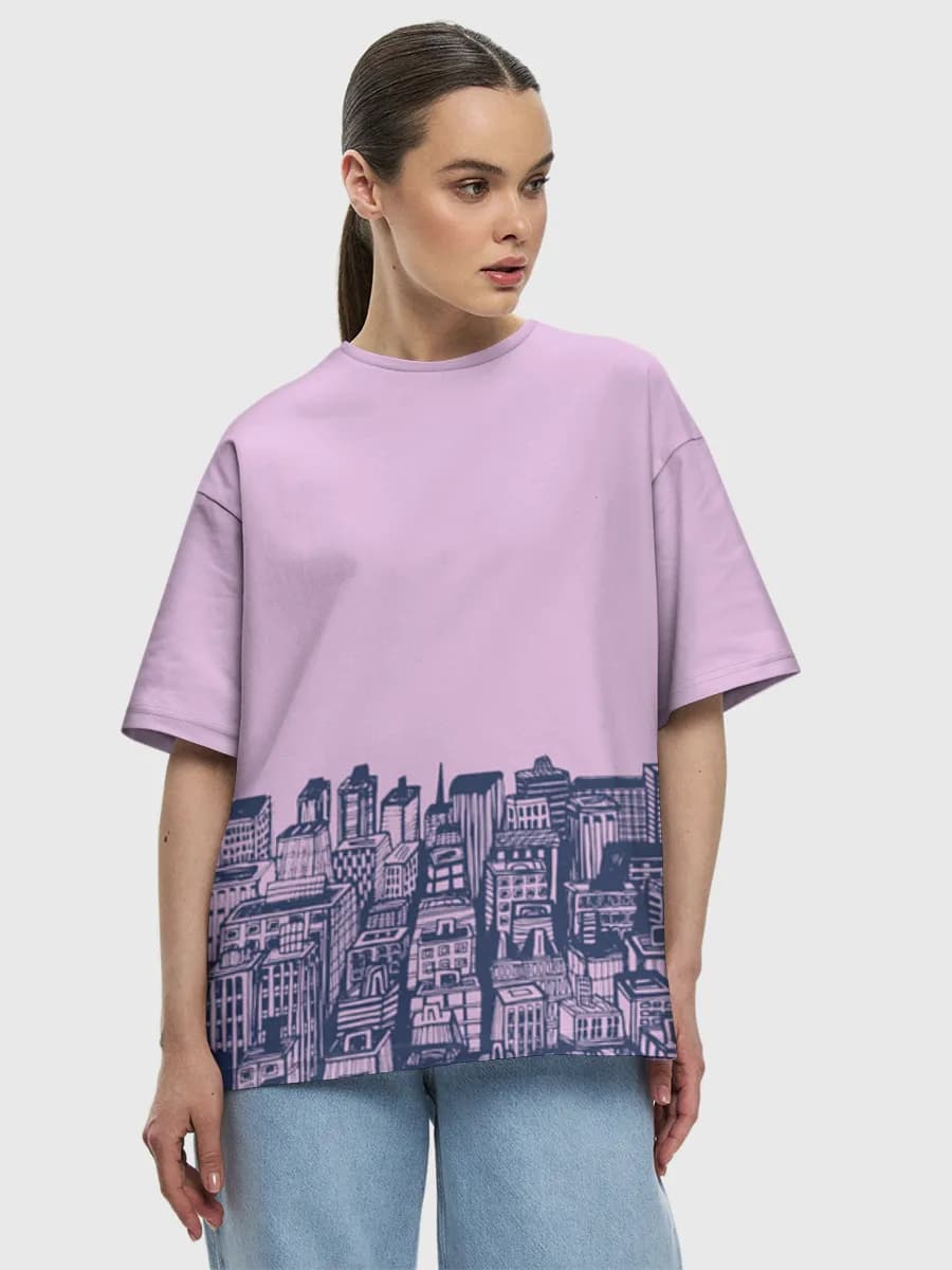 Hand Drawn City Skyline — Women's oversized cotton T-shirt with all-over print, City theme