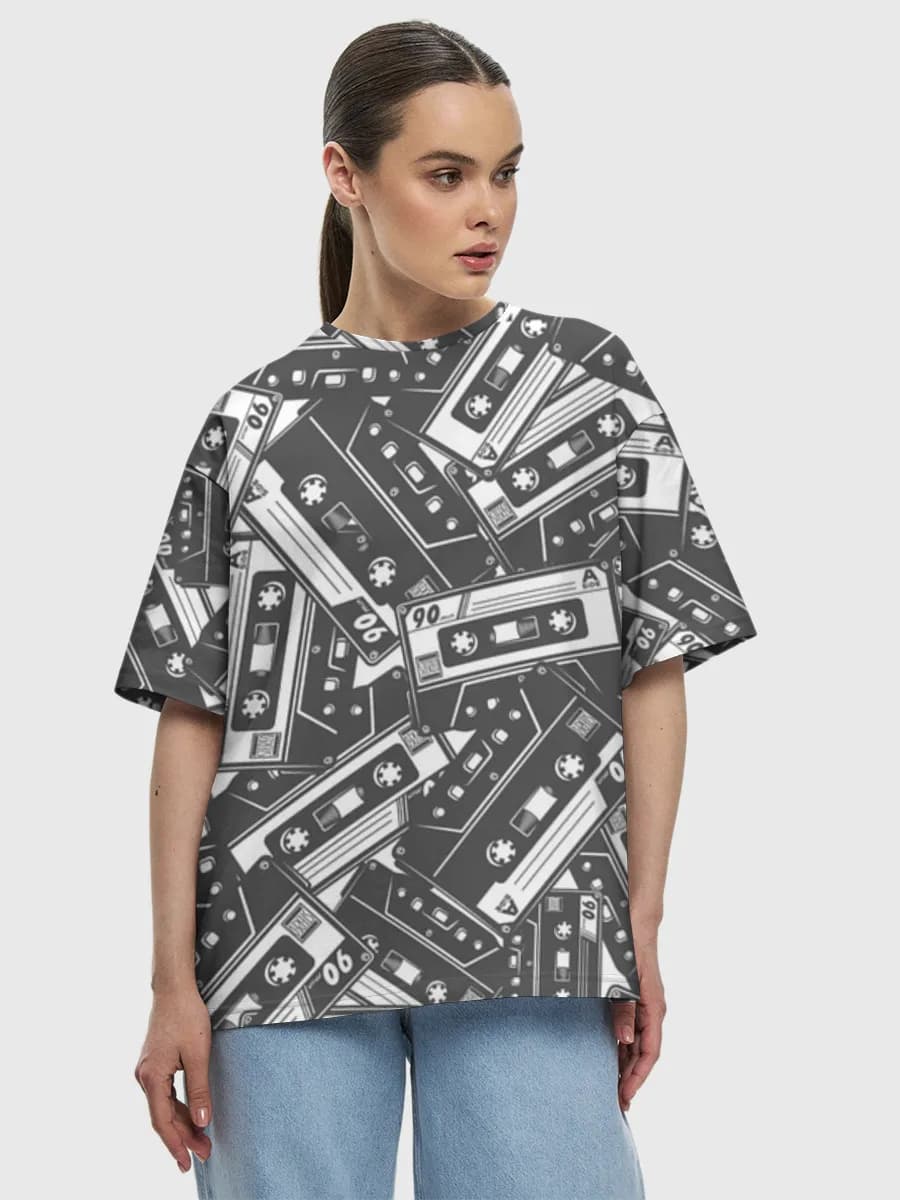 Retro Cassette Tape Collage — Women's oversized cotton T-shirt with all-over print, Music theme