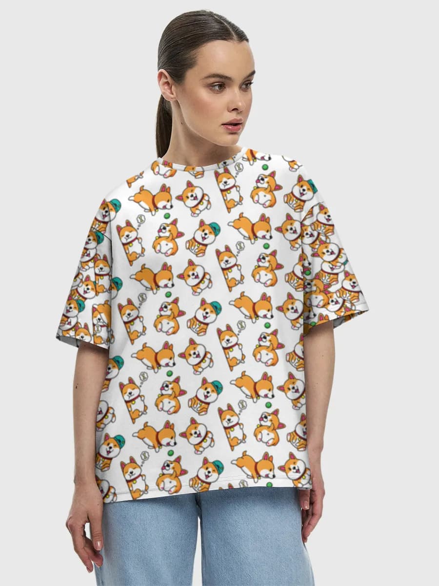Playful Corgi Doodles — Women's oversized cotton T-shirt with all-over print, Corgi theme