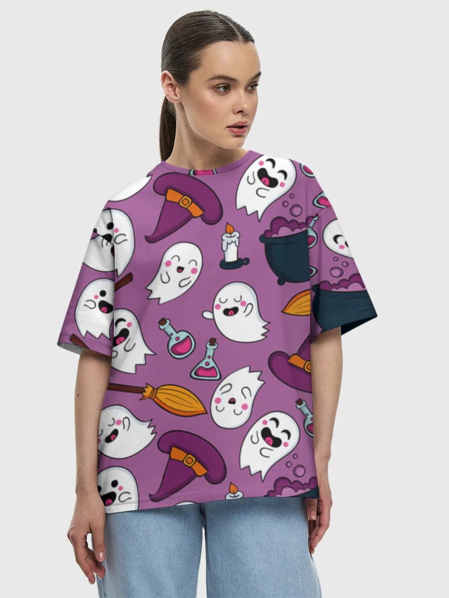 Cute Ghost Witchy Vibes — Women's oversized cotton T-shirt with all-over print, Holidays theme