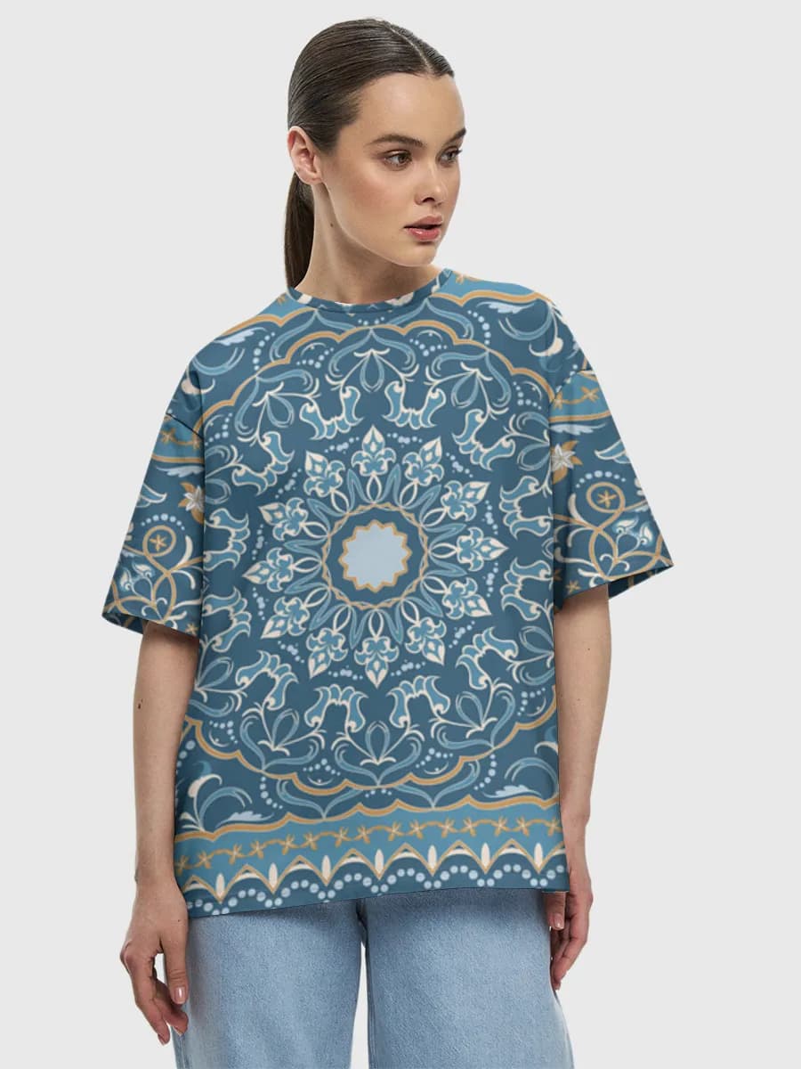 Blue Arabesque Rug Ornament — Women's oversized cotton T-shirt with all-over print, Rug theme