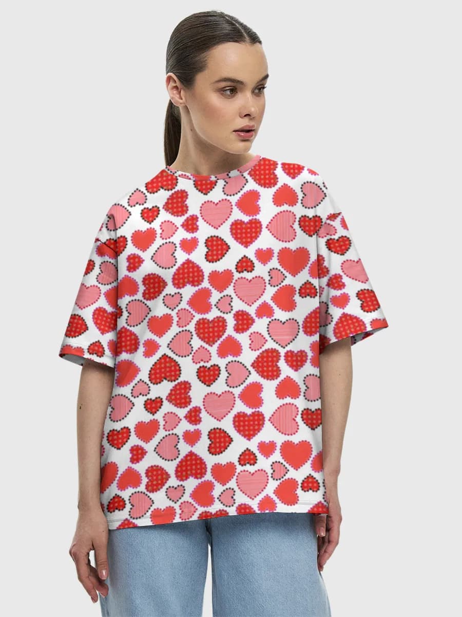 Cute Red Hearts — Women's oversized cotton T-shirt with all-over print, Hearts theme