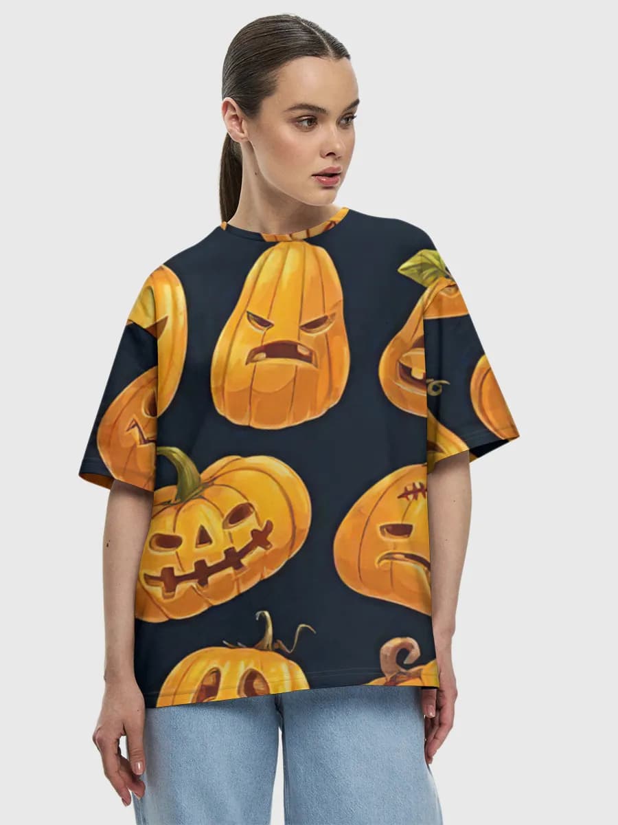 Spooky Jack O Lanterns — Women's oversized cotton T-shirt with all-over print, Holidays theme