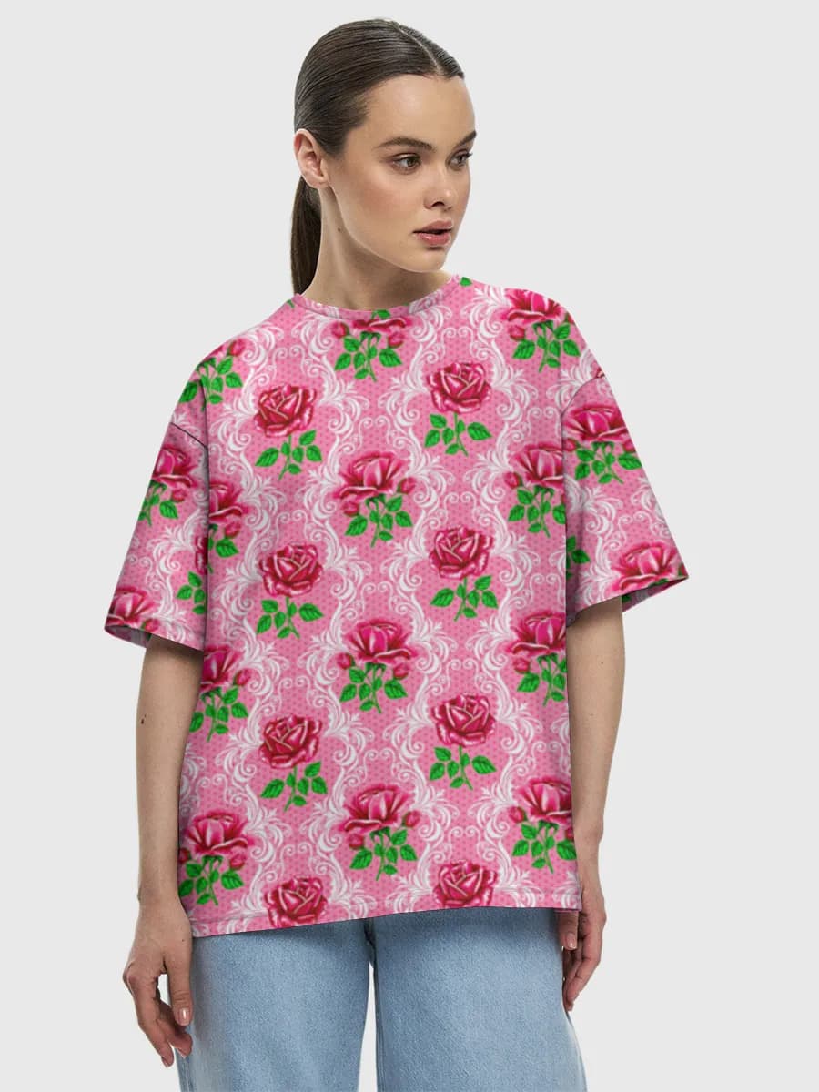 Pink Rose Damask — Women's oversized cotton T-shirt with all-over print, Floral theme