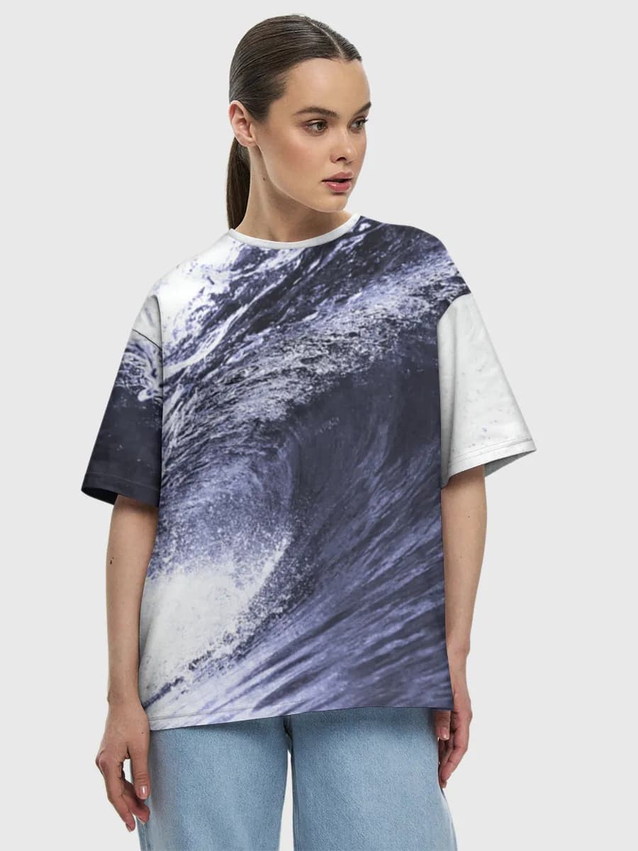 Ocean Wave Barrel — Women's oversized cotton T-shirt with all-over print, Ocean theme