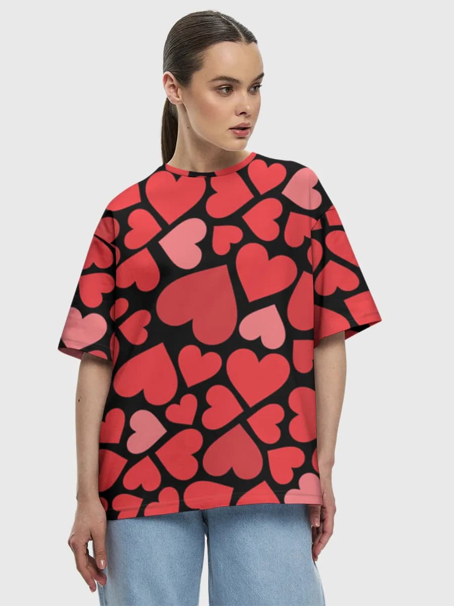 Red And Pink Hearts — Women's oversized cotton T-shirt with all-over print, Love theme
