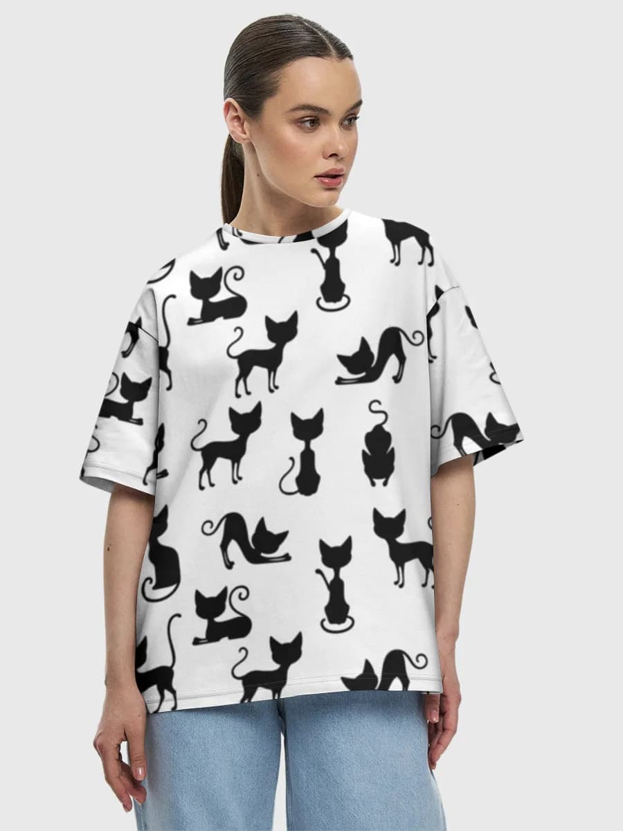 Black Cat Silhouettes — Women's oversized cotton T-shirt with all-over print, Cats theme