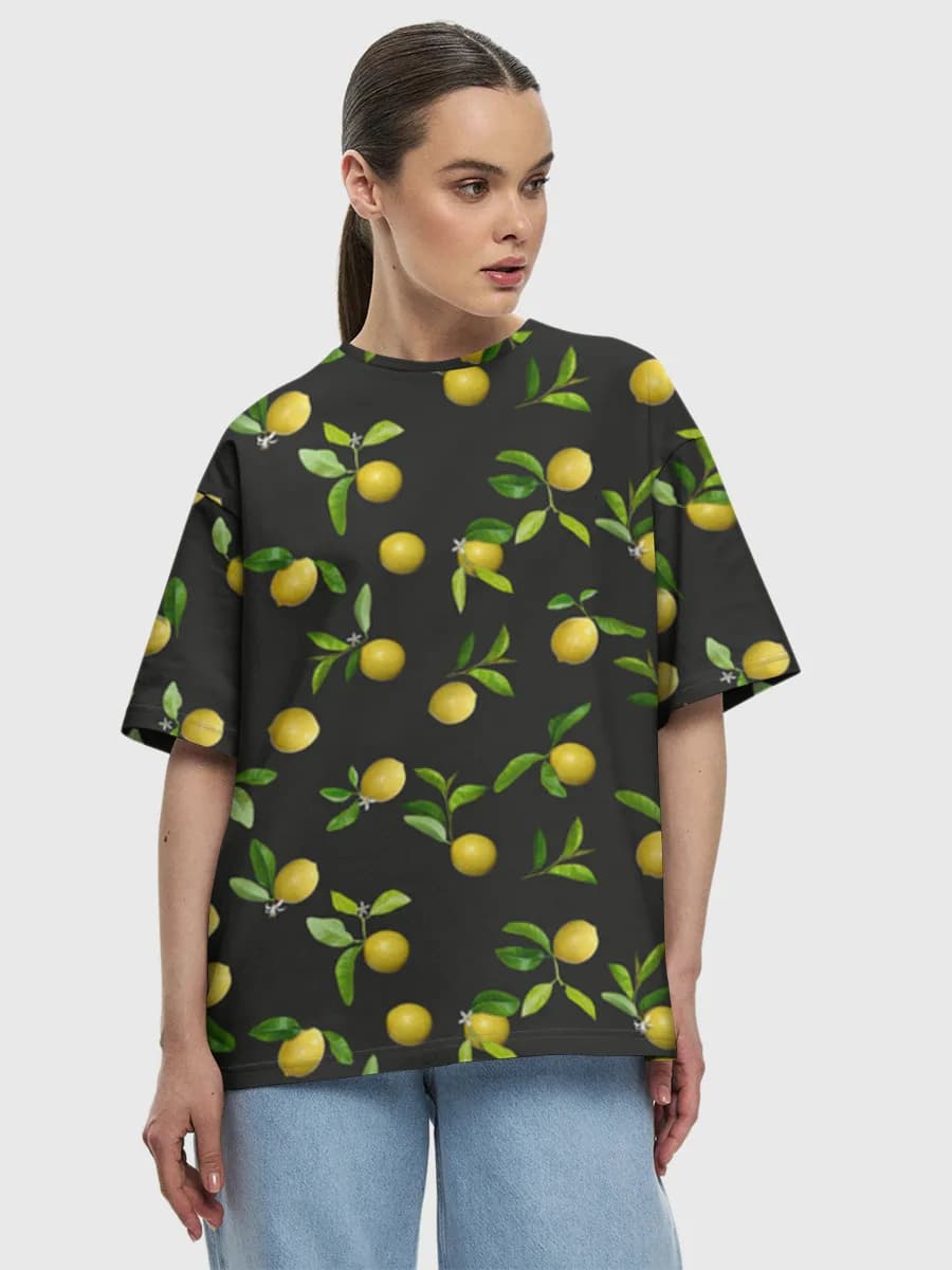 Lemon Branches On Black — Women's oversized cotton T-shirt with all-over print, Lemons theme