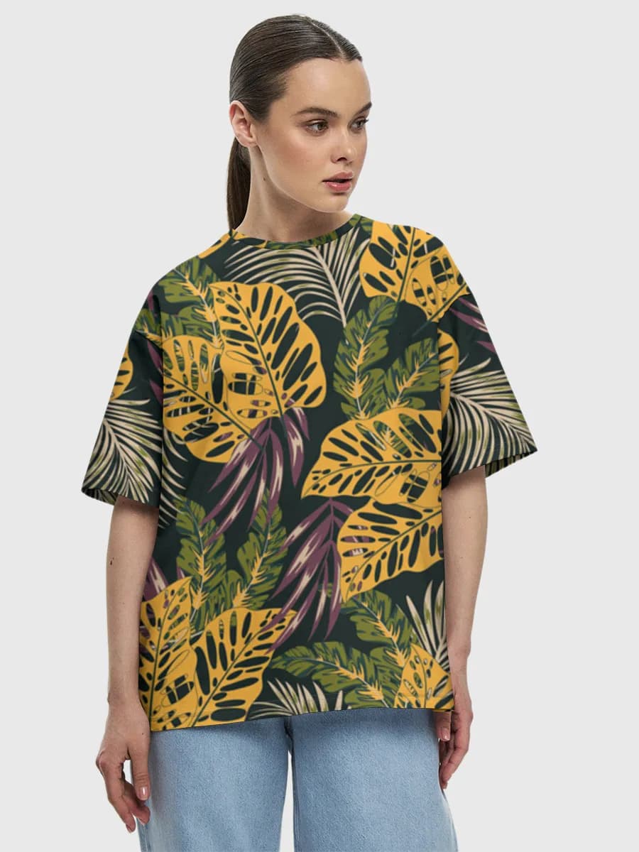 Tropical Monstera Jungle Leaves — Women's oversized cotton T-shirt with all-over print, Nature theme