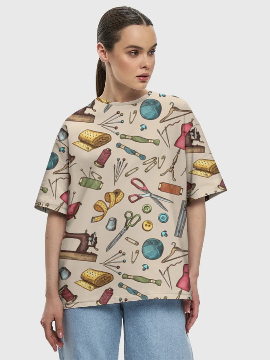 Vintage Sewing Notions — Women's oversized cotton T-shirt with all-over print, Sewing theme