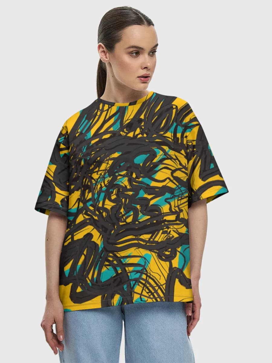Chaotic Scribble Vortex — Women's oversized cotton T-shirt with all-over print, Abstract theme