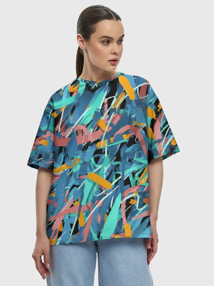 Vibrant Abstract Brushstrokes — Women's oversized cotton T-shirt with all-over print, Abstract theme