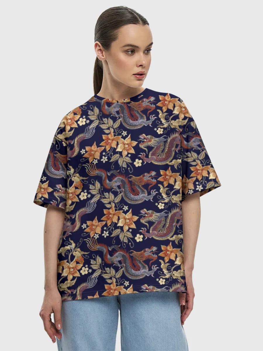 Floral Dragon Night Sky — Women's oversized cotton T-shirt with all-over print, Dragon theme