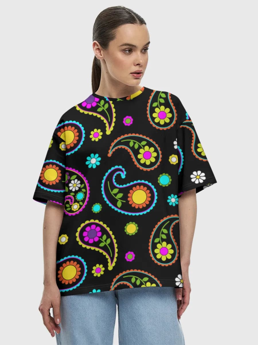 Neon Paisley Flowers — Women's oversized cotton T-shirt with all-over print, Paisley theme