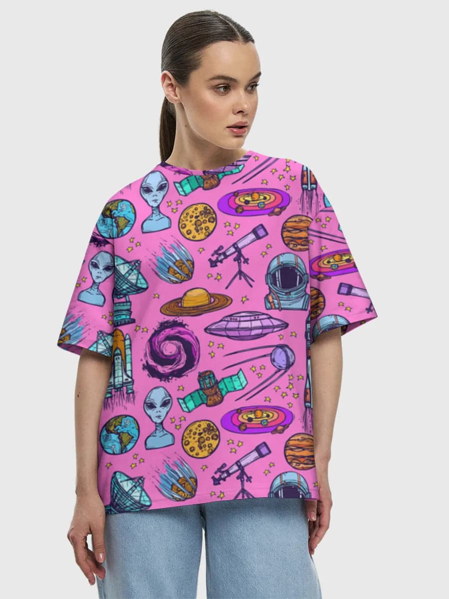 Pink Retro Space Icons — Women's oversized cotton T-shirt with all-over print, Space theme