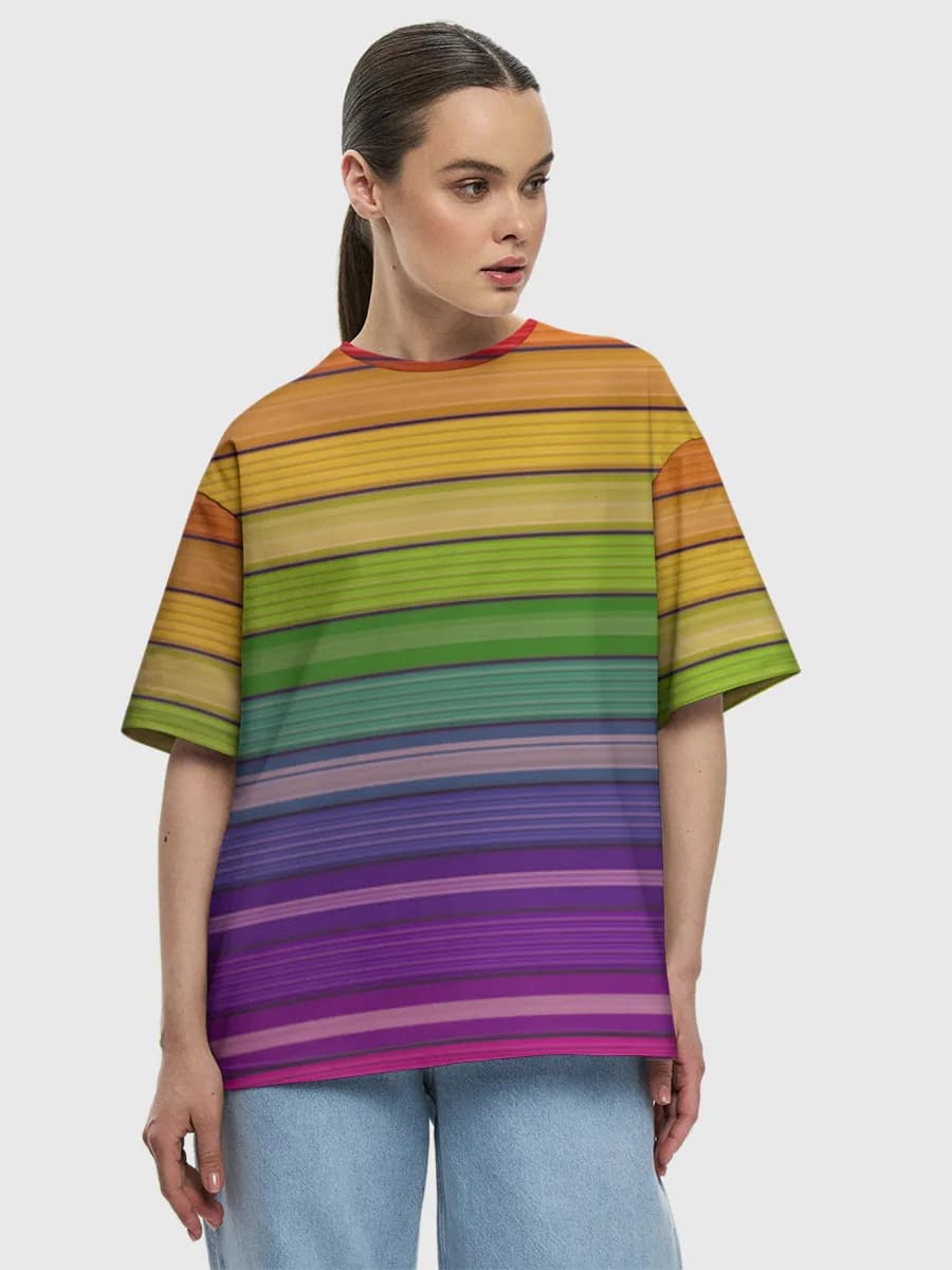 Rainbow Serape Stripes — Women's oversized cotton T-shirt with all-over print, Rainbow theme