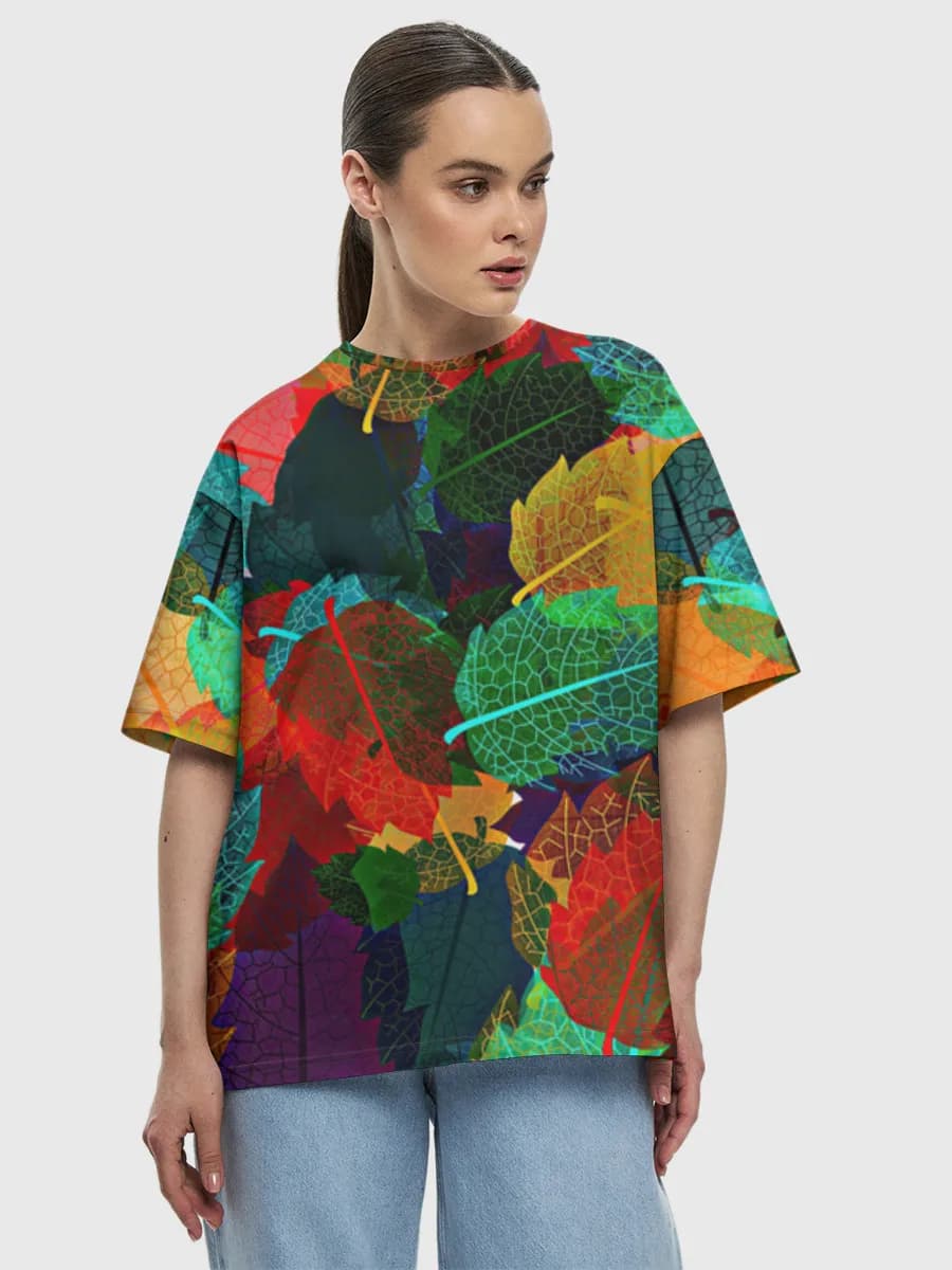 Vibrant Autumn Leaves — Women's oversized cotton T-shirt with all-over print, Nature theme