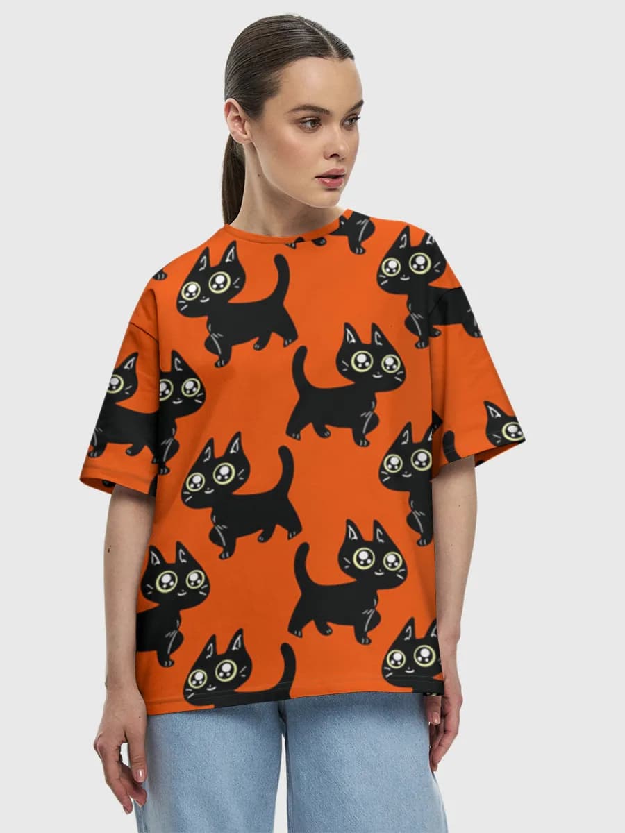 Kawaii Black Cat Parade — Women's oversized cotton T-shirt with all-over print, Cats theme