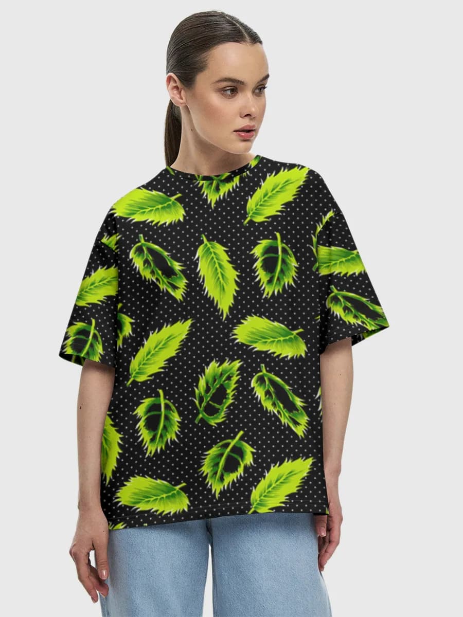 Neon Feathers On Polka Dots — Women's oversized cotton T-shirt with all-over print, Feathers theme