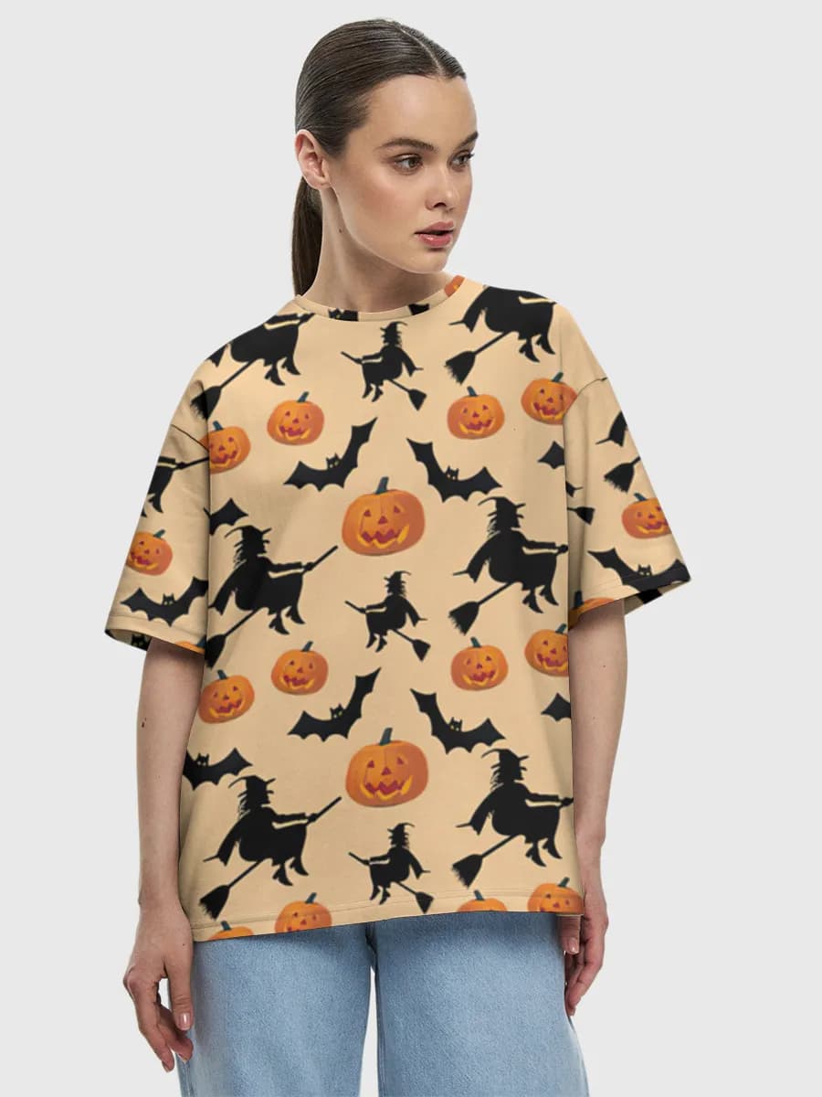 Witch Bats And Pumpkins — Women's oversized cotton T-shirt with all-over print, Holidays theme