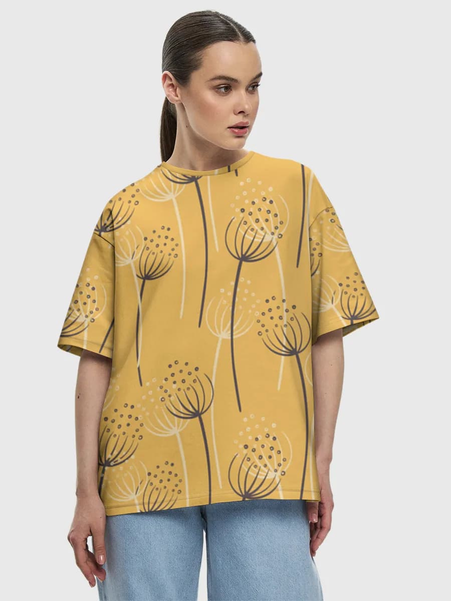 Mustard Botanical Line Art — Women's oversized cotton T-shirt with all-over print, Botanical theme