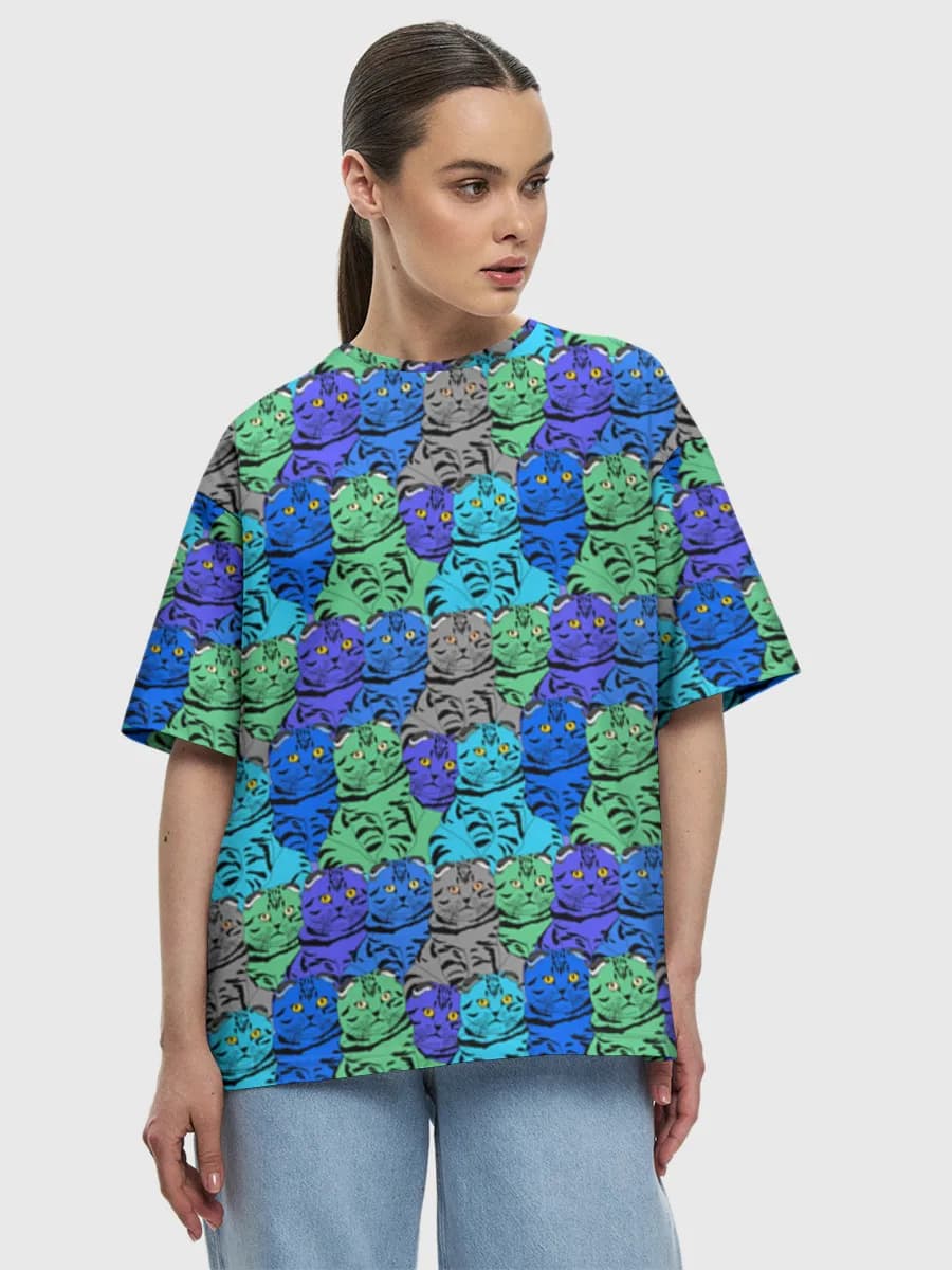 Neon Pop Art Cats — Women's oversized cotton T-shirt with all-over print, Cats theme