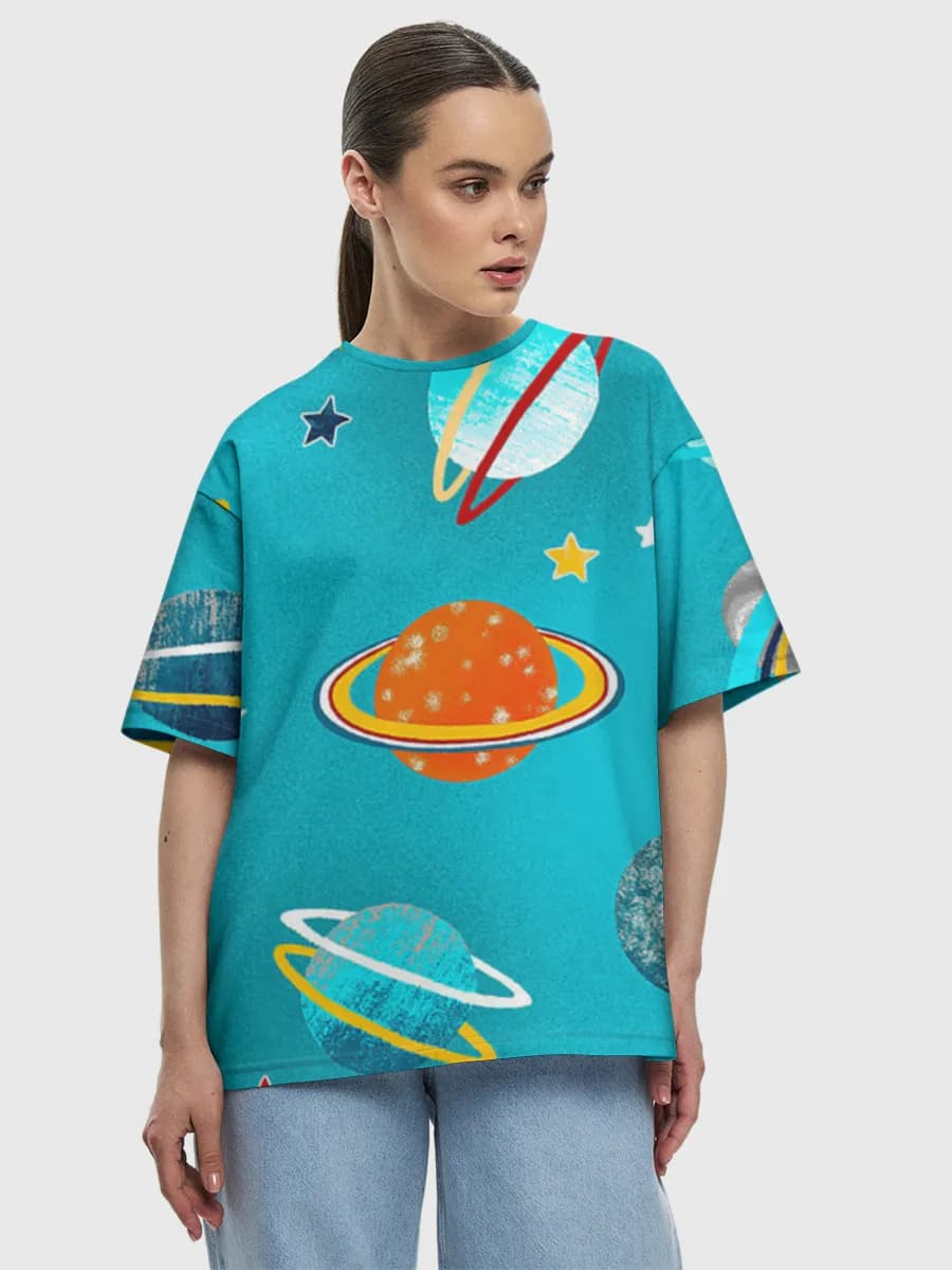 Retro Ringed Planets — Women's oversized cotton T-shirt with all-over print, Space theme