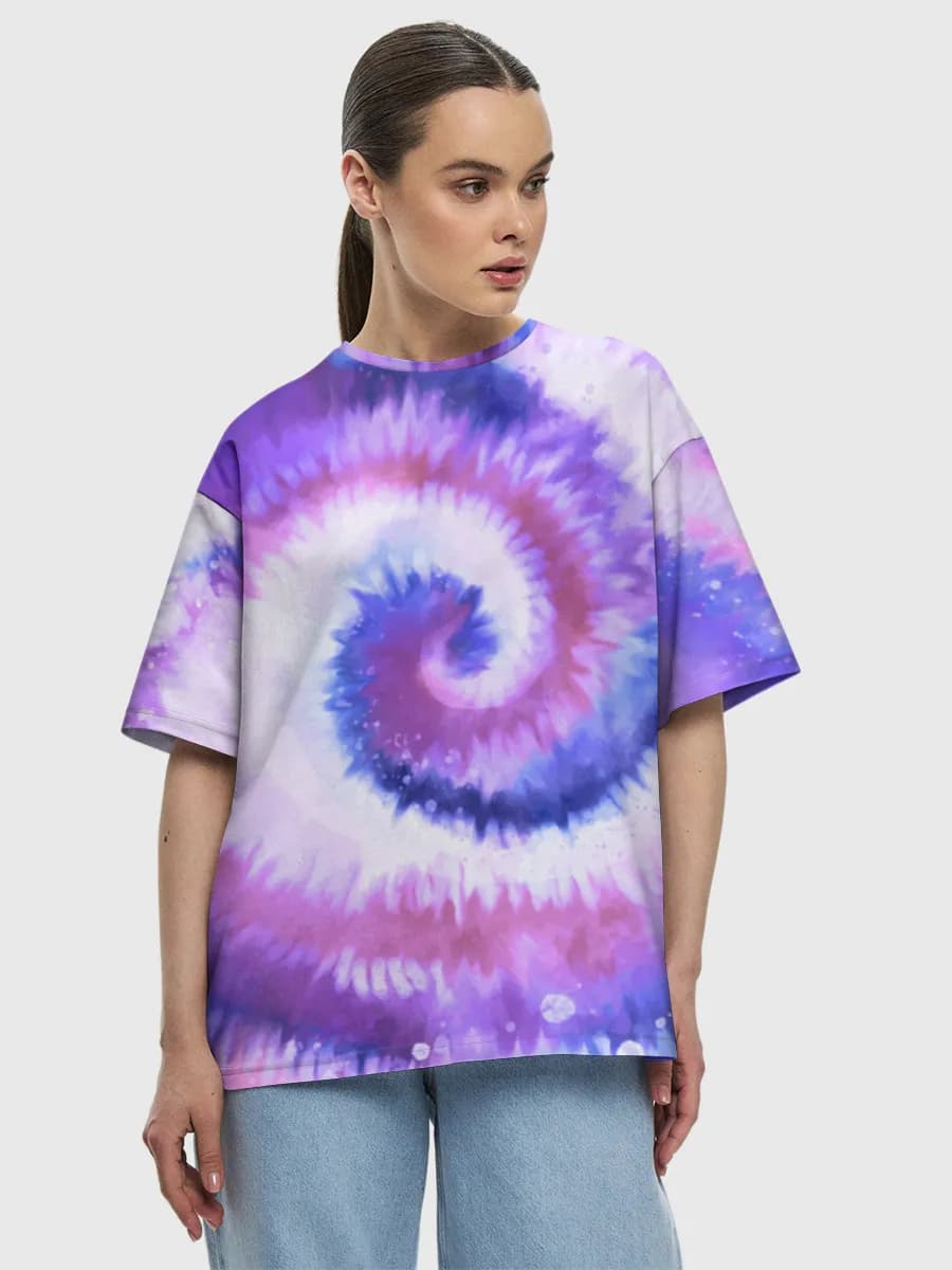 Pastel Tie Dye Spiral — Women's oversized cotton T-shirt with all-over print, Tie Dye theme