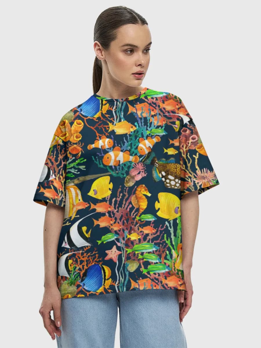 Tropical Reef Fish — Women's oversized cotton T-shirt with all-over print, Ocean theme