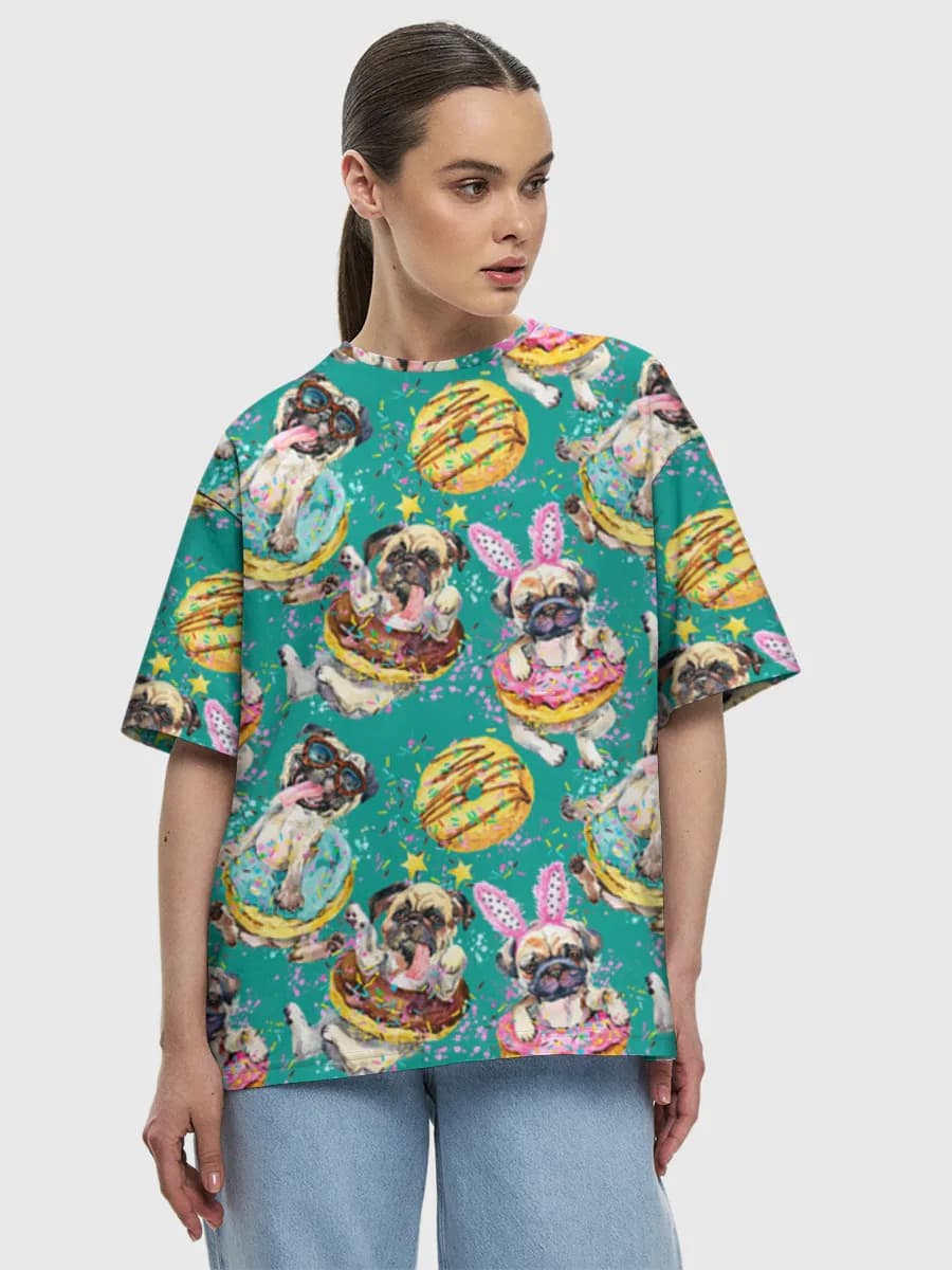 Pug Donut Party — Women's oversized cotton T-shirt with all-over print, Pug theme