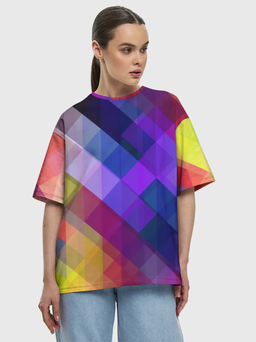 Rainbow Geometric Mosaic — Women's oversized cotton T-shirt with all-over print, Geometric theme