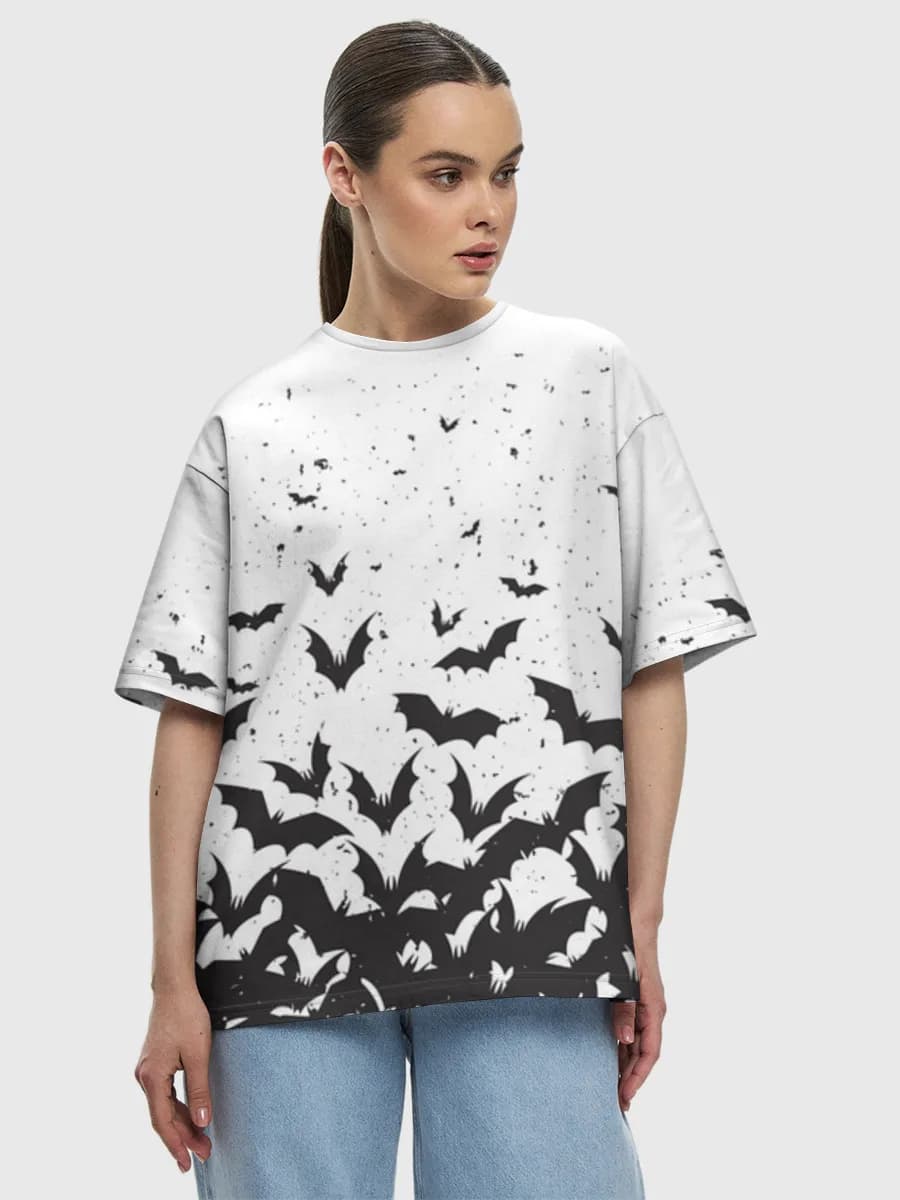 Flying Bat Swarm — Women's oversized cotton T-shirt with all-over print, Holidays theme