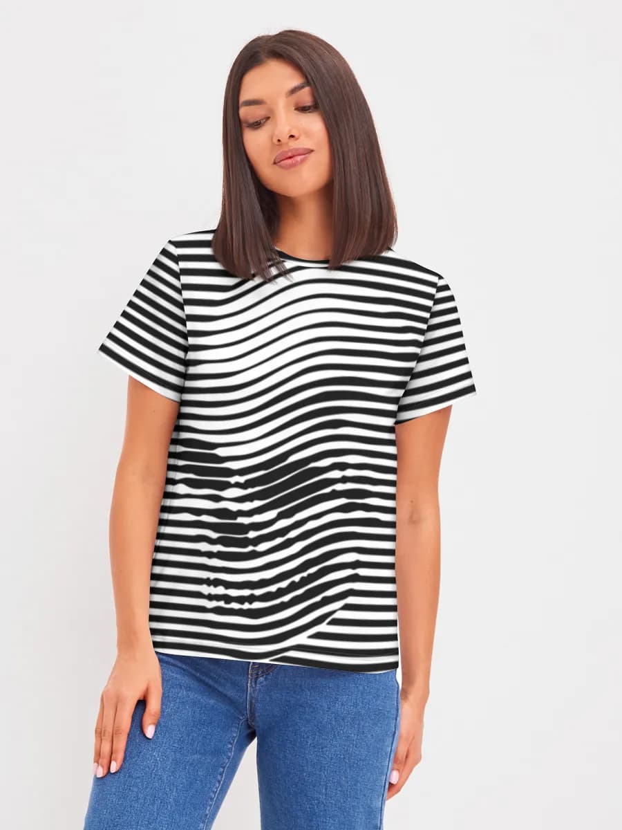 Striped Op Art Sphere — Women's basic cotton T-shirt with all-over print, Op Art theme