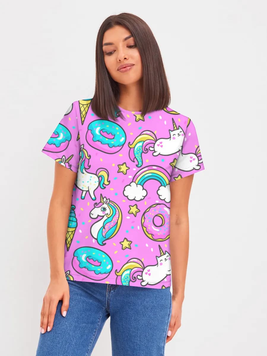 Kawaii Unicorn Sweet Treats — Women's basic cotton T-shirt with all-over print, Unicorn theme