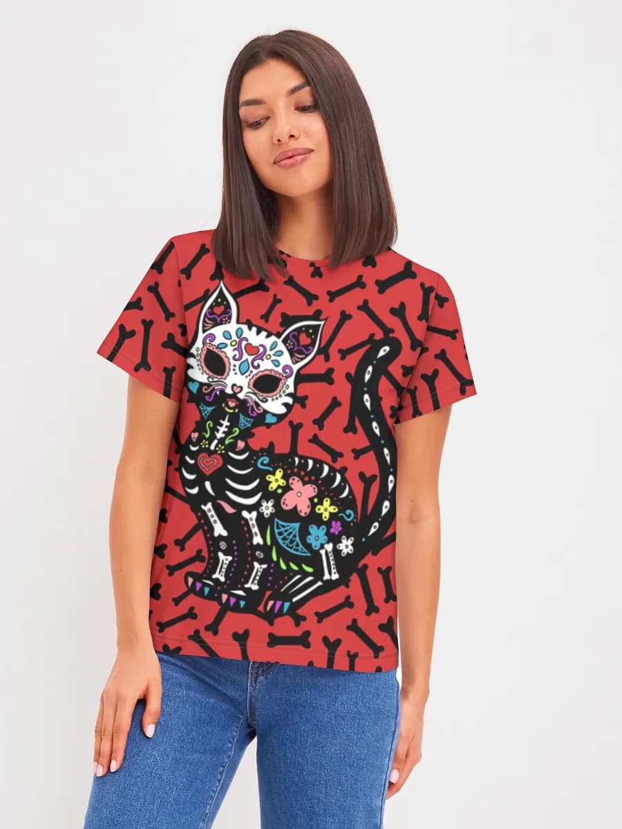Sugar Skull Skeleton Cat — Women's basic cotton T-shirt with all-over print, Cats theme