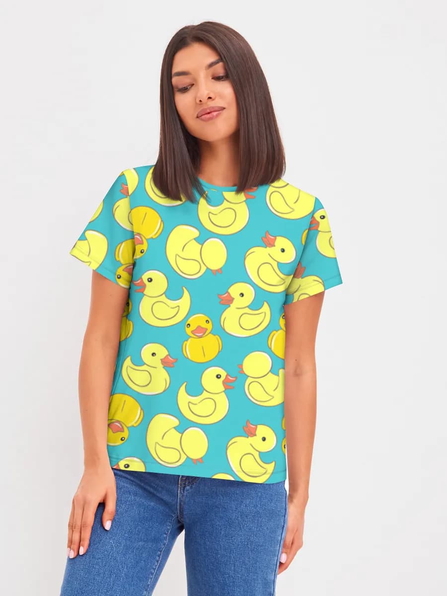 Cute Rubber Ducklings — Women's basic cotton T-shirt with all-over print, Ducks theme