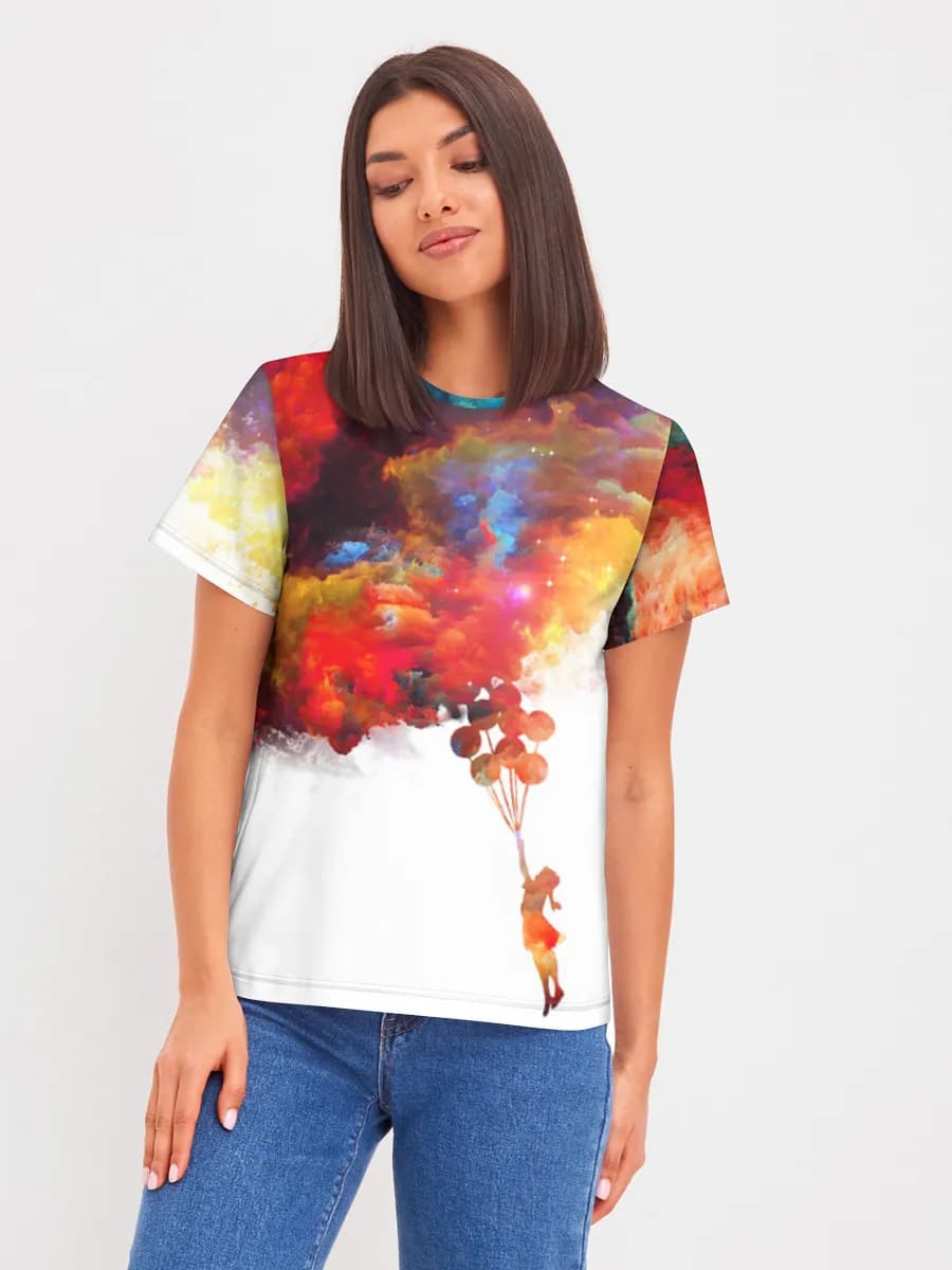 Cosmic Balloon Dream — Women's basic cotton T-shirt with all-over print, Surreal theme