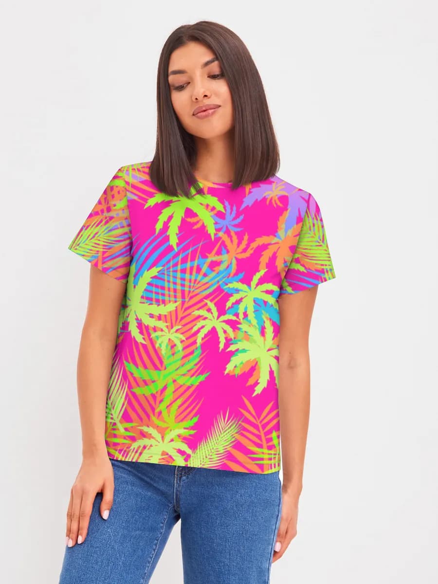 Neon Tropical Palm Leaves — Women's basic cotton T-shirt with all-over print, Nature theme