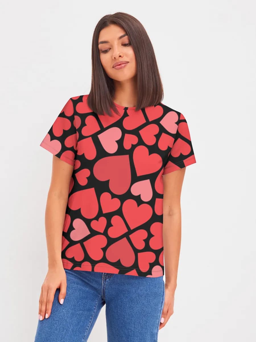 Red And Pink Hearts — Women's basic cotton T-shirt with all-over print, Love theme