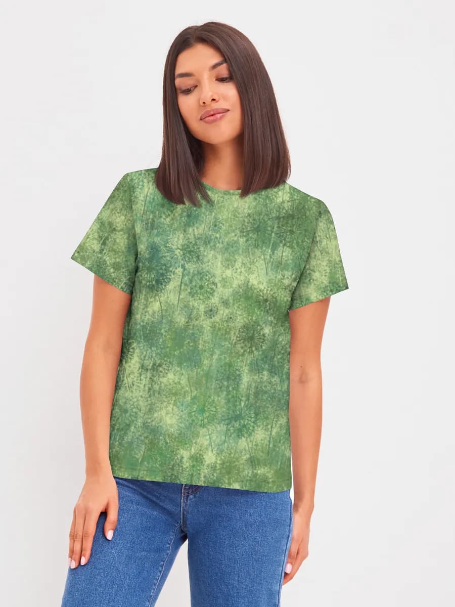 Green Wildflower Starbursts — Women's basic cotton T-shirt with all-over print, Floral theme