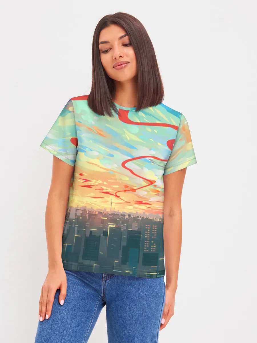 Sunset Over The City — Women's basic cotton T-shirt with all-over print, Cityscape theme