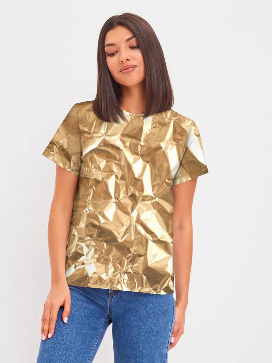 Crumpled Gold Foil — Women's basic cotton T-shirt with all-over print, Gold theme